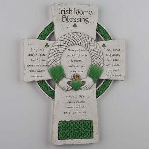 DevotedWalls 8 inch Traditional Irish Cross, Hand-Carved Celtic Cross for Wall Hanging, Hand-Painted Irish Blessing for Living Room, Green Celtic Blessing Home Decor,Ireland Gifts for Family and Friends (Stone & Green Color) in Saudi Arabia