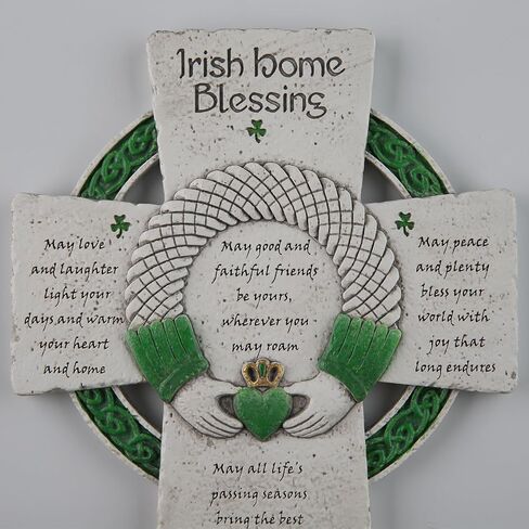 DevotedWalls 8 inch Traditional Irish Cross, Hand-Carved Celtic Cross for Wall Hanging, Hand-Painted Irish Blessing for Living Room, Green Celtic Blessing Home Decor,Ireland Gifts for Family and Friends (Stone & Green Color) in Saudi Arabia