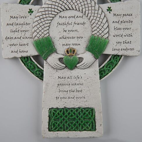 DevotedWalls 8 inch Traditional Irish Cross, Hand-Carved Celtic Cross for Wall Hanging, Hand-Painted Irish Blessing for Living Room, Green Celtic Blessing Home Decor,Ireland Gifts for Family and Friends (Stone & Green Color) in Saudi Arabia