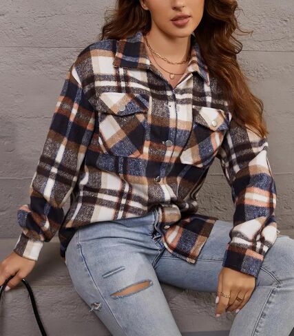 Womens Corduroy Button Down Shirt Long Sleeve Plaid Shackets Loose Business Casual Fashion Blouse Tops in Kuwait