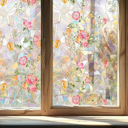 Window Privacy Film, Rainbow Flower and Plant Static Cling Decorative, Double Sided Stained Glass Window Stickers for Home Living Room Bathroom Glass Windows Door, 38.4 x 15.8 inches (Pink Floral) in Kuwait
