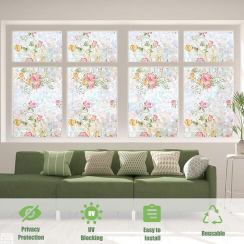 Window Privacy Film, Rainbow Flower and Plant Static Cling Decorative, Double Sided Stained Glass Window Stickers for Home Living Room Bathroom Glass Windows Door, 38.4 x 15.8 inches (Pink Floral) in Kuwait