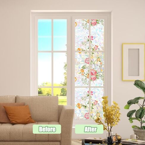 Window Privacy Film, Rainbow Flower and Plant Static Cling Decorative, Double Sided Stained Glass Window Stickers for Home Living Room Bathroom Glass Windows Door, 38.4 x 15.8 inches (Pink Floral) in Kuwait