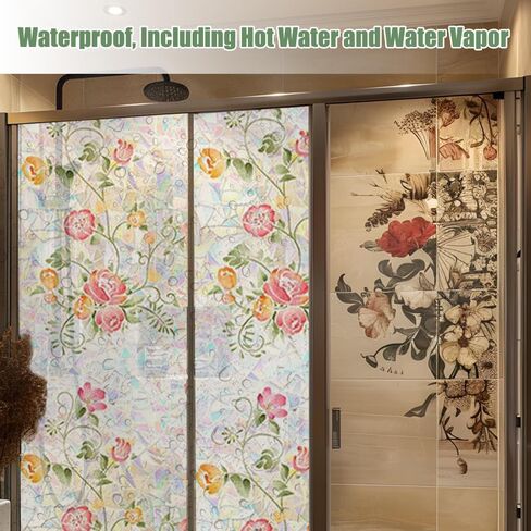 Window Privacy Film, Rainbow Flower and Plant Static Cling Decorative, Double Sided Stained Glass Window Stickers for Home Living Room Bathroom Glass Windows Door, 38.4 x 15.8 inches (Pink Floral) in Kuwait