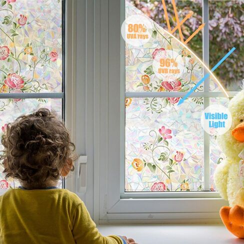 Window Privacy Film, Rainbow Flower and Plant Static Cling Decorative, Double Sided Stained Glass Window Stickers for Home Living Room Bathroom Glass Windows Door, 38.4 x 15.8 inches (Pink Floral) in Kuwait