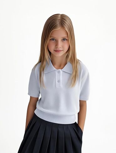 Girls Short Sleeve Polo Shirt V Neck Button Down Shirts Summer Knit School Uniform Crop Tops in Kuwait