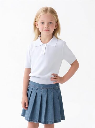 Girls Short Sleeve Polo Shirt V Neck Button Down Shirts Summer Knit School Uniform Crop Tops in Kuwait