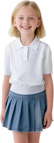 Girls Short Sleeve Polo Shirt V Neck Button Down Shirts Summer Knit School Uniform Crop Tops in Kuwait