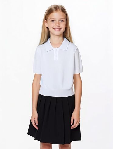 Girls Short Sleeve Polo Shirt V Neck Button Down Shirts Summer Knit School Uniform Crop Tops in Kuwait