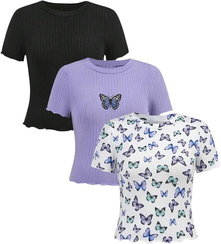 SweatyRocks Girl's 3 Pack T Shirts Butterfly Graphic Short Sleeve Crew Neck Ribbed Knit Summer Tops in Saudi Arabia