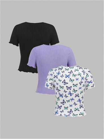 SweatyRocks Girl's 3 Pack T Shirts Butterfly Graphic Short Sleeve Crew Neck Ribbed Knit Summer Tops in Saudi Arabia