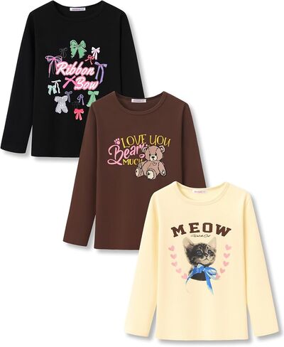 Girls Long Sleeve T-Shirt 3 Packs- Soft Tops Star Dog/Heart Shaped Balloons/Bunny Graphic Tee Size 6-14 in Saudi Arabia