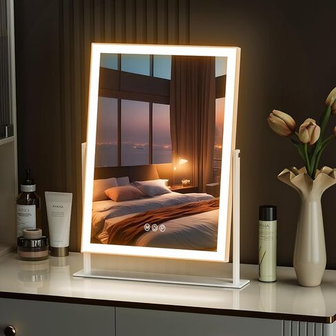 Vanity Mirror with Lights 22.8"x18.1" Hollywood Makeup Mirror 3 Color Dimmable Light Modes Lighted LED Makeup Mirror USB Charging Port and 10X Magnification Makeup Vanity Mirror White in Saudi Arabia