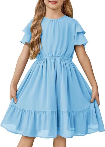 Arshiner Girls Dresses Formal Ruffle Sleeve Elegant Chiffon Party Pleated Casual Swing Dress with Pockets for 5-12 Years in Kuwait
