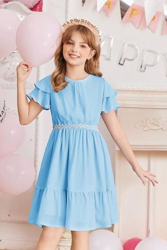 Arshiner Girls Dresses Formal Ruffle Sleeve Elegant Chiffon Party Pleated Casual Swing Dress with Pockets for 5-12 Years in Kuwait