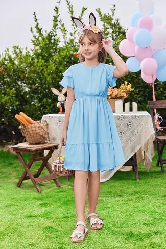 Arshiner Girls Dresses Formal Ruffle Sleeve Elegant Chiffon Party Pleated Casual Swing Dress with Pockets for 5-12 Years in Kuwait