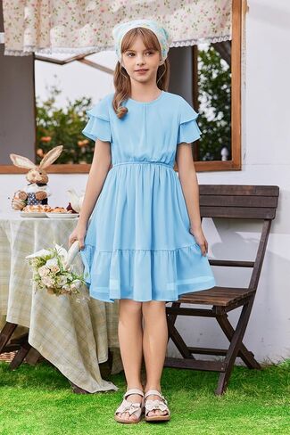 Arshiner Girls Dresses Formal Ruffle Sleeve Elegant Chiffon Party Pleated Casual Swing Dress with Pockets for 5-12 Years in Kuwait