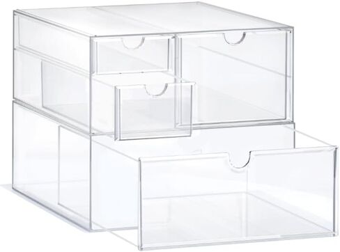 Prsildan Acrylic Drawer Organizer with 15 Drawers, Makeup Craft Office Desk Organizers Accessories, Set of 3 Clear Stackable Storage Drawers for Vanity, Countertop, Jewelry, Art Supply Organization in Saudi Arabia