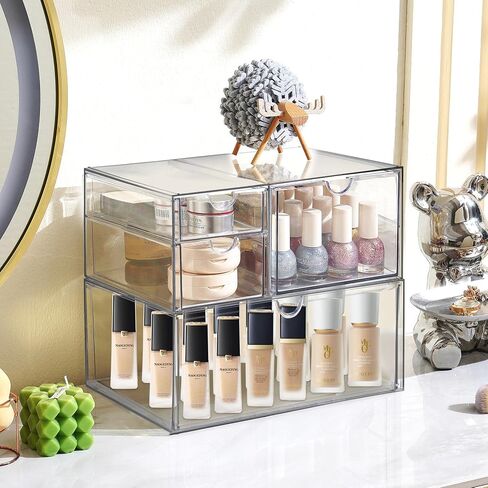 Prsildan Acrylic Drawer Organizer with 15 Drawers, Makeup Craft Office Desk Organizers Accessories, Set of 3 Clear Stackable Storage Drawers for Vanity, Countertop, Jewelry, Art Supply Organization in Saudi Arabia