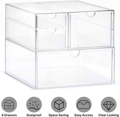 Prsildan Acrylic Drawer Organizer with 15 Drawers, Makeup Craft Office Desk Organizers Accessories, Set of 3 Clear Stackable Storage Drawers for Vanity, Countertop, Jewelry, Art Supply Organization in Saudi Arabia