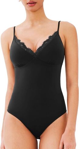 REORIA Women's Lace Trim V-Neck Bodysuit Spaghetti Straps Sexy Outfit 2025 Spring/Summer Designer Collection in Kuwait