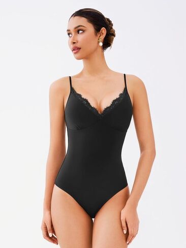 REORIA Women's Lace Trim V-Neck Bodysuit Spaghetti Straps Sexy Outfit 2025 Spring/Summer Designer Collection in Kuwait