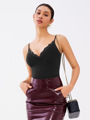 REORIA Women's Lace Trim V-Neck Bodysuit Spaghetti Straps Sexy Outfit 2025 Spring/Summer Designer Collection in Kuwait