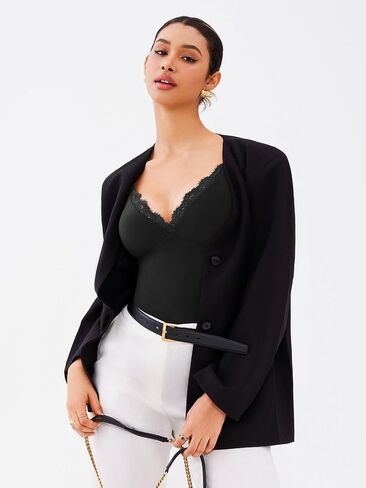 REORIA Women's Lace Trim V-Neck Bodysuit Spaghetti Straps Sexy Outfit 2025 Spring/Summer Designer Collection in Kuwait