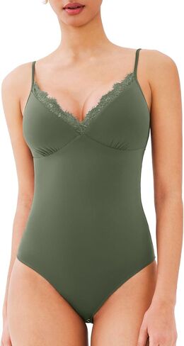 REORIA Women's Lace Trim V-Neck Bodysuit Spaghetti Straps Sexy Outfit 2025 Spring/Summer Designer Collection in Kuwait