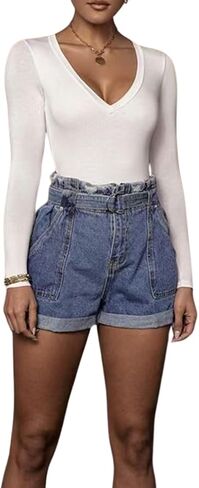 Women's Long Sleeve V-Neck Bodysuit Sexy Thong Bodysuit Going Out T Shirt Tops for Mother's Day Party in Saudi Arabia