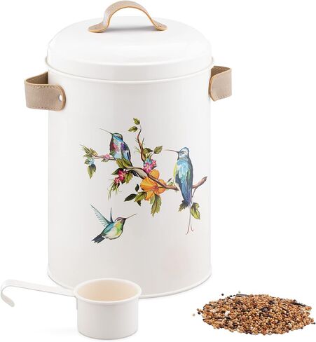 Navaris Bird Seed Storage Container - Metal Pet Food Box with Lid & Handles - Includes Handy Scoop - Outdoor Containers for Birdseed, Chicken Feed, & More - Cream with Bird Design in Saudi Arabia