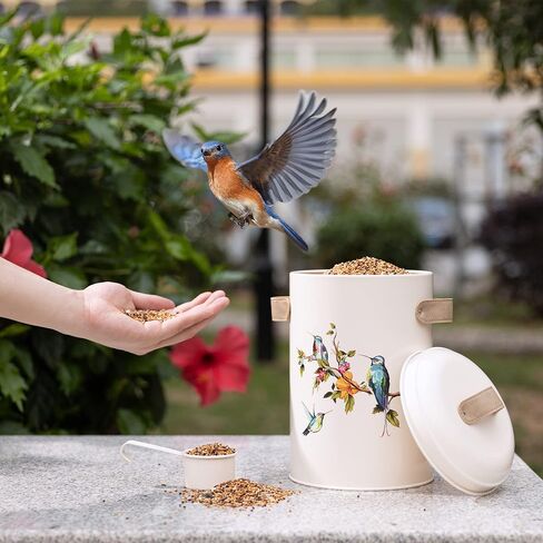Navaris Bird Seed Storage Container - Metal Pet Food Box with Lid & Handles - Includes Handy Scoop - Outdoor Containers for Birdseed, Chicken Feed, & More - Cream with Bird Design in Saudi Arabia