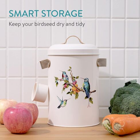 Navaris Bird Seed Storage Container - Metal Pet Food Box with Lid & Handles - Includes Handy Scoop - Outdoor Containers for Birdseed, Chicken Feed, & More - Cream with Bird Design in Saudi Arabia