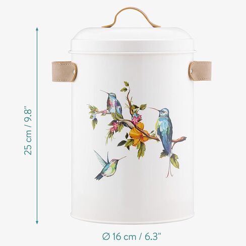 Navaris Bird Seed Storage Container - Metal Pet Food Box with Lid & Handles - Includes Handy Scoop - Outdoor Containers for Birdseed, Chicken Feed, & More - Cream with Bird Design in Saudi Arabia