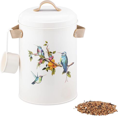 Navaris Bird Seed Storage Container - Metal Pet Food Box with Lid & Handles - Includes Handy Scoop - Outdoor Containers for Birdseed, Chicken Feed, & More - Cream with Bird Design in Saudi Arabia