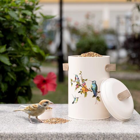 Navaris Bird Seed Storage Container - Metal Pet Food Box with Lid & Handles - Includes Handy Scoop - Outdoor Containers for Birdseed, Chicken Feed, & More - Cream with Bird Design in Saudi Arabia