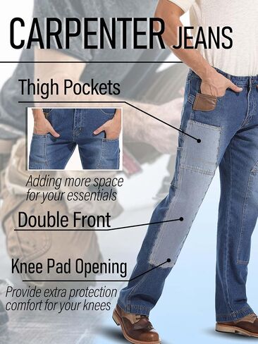 Mens Carpenter Jeans Double Knee Denim Cargo Pants Relaxed Fit in Kuwait
