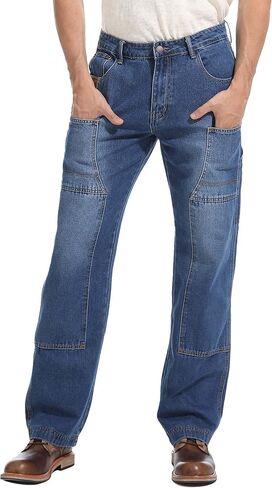 Mens Carpenter Jeans Double Knee Denim Cargo Pants Relaxed Fit in Kuwait