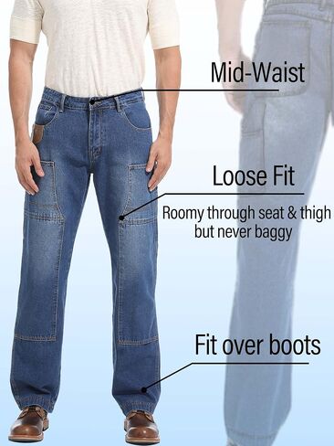 Mens Carpenter Jeans Double Knee Denim Cargo Pants Relaxed Fit in Kuwait
