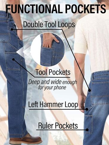 Mens Carpenter Jeans Double Knee Denim Cargo Pants Relaxed Fit in Kuwait