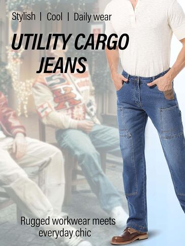 Mens Carpenter Jeans Double Knee Denim Cargo Pants Relaxed Fit in Kuwait
