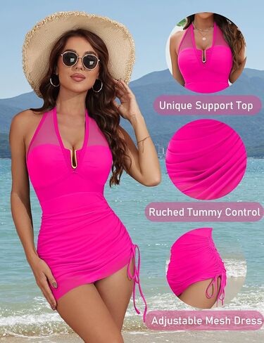 BMJL Womens One Piece Swimsuit Tummy Control Swim Dress Slimming Mesh Sheer Halter Sarong Wraps Bathing Suit in Kuwait