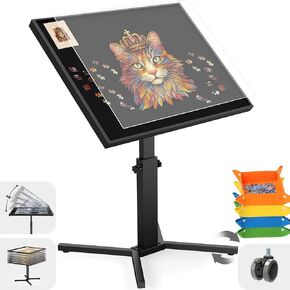 1500 Piece Jigsaw Puzzle Table with Leg, 4 Trays and Semi Transparent Puzzle Cover,Metal Jigsaw Puzzle Table Adjustable Angle & Height,28"x35" Puzzles Table for Adults and Kids Birthday