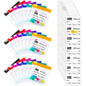 Reusable Travel Pill Organizer with 98 Labels - Leakproof Silicone Seal & Transparent Zippered Bags, Compact 3x3 Inch Medication Travel Case for Daily Pills, EVA Material, 7 Colors (21 PCS)