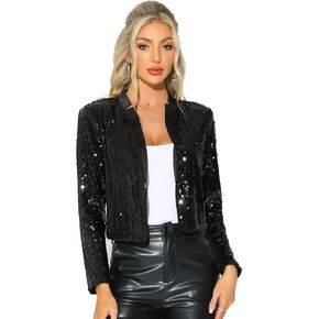 Allegra K Sequin Crop Jacket for Women's Party Long Sleeve Open Front Sparkle Glitter Blazer