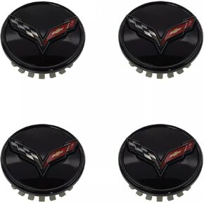4Pc 2014+ C7 Corvette Stingray Center Caps w/Crossed Flag Logo Trim Set 23217059 (Black)