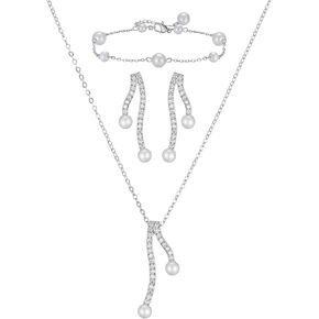 SWEETV Pearl Bridal Jewelry Set for Wedding, Bow Necklace and Earring Sets for Women Bridal Bridesmaid, Cubic Zirconia Silver Jewelry Set Wedding Prom Anniversary Jewelry Gifts