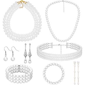 8 PCS Pearl Jewelry Set Set 1920s Assume Assume for Women Long Pearl Necklace Hoop أقراط سوار العام الجديد هدية مجوهرات وصيفات الشرف