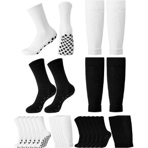 Eurzom 4 Sets Grip Soccer Socks with Shin Guard Sleeves for Men Non Slip Pads Black and White Athletic Socks with Compression Leg Sleeves for Soccer Football Basketball Sports