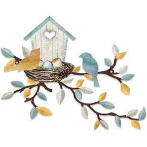 COLOR VALLEY ART-Metal Bird Wall Art Birds on The Branch Wall Decor Leaves with Birds Sculpture Bird Silhouette Metal Ornament Branch Wall Hanging Sign for Balcony Garden Decor (Teal White-16.5''x13'')